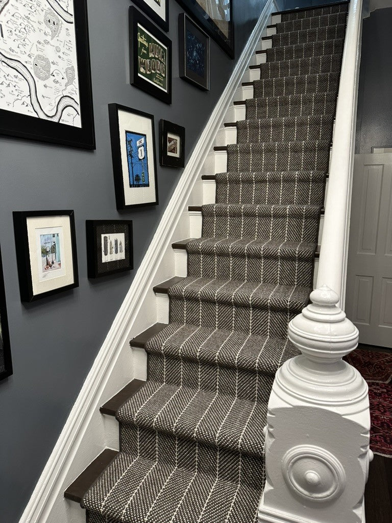 Charcoal herringbone stair runner and stair treads