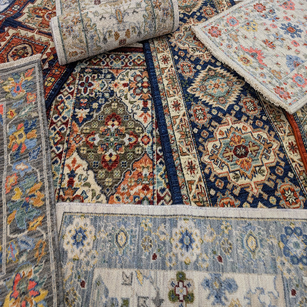 A collage of rug samples from the soleri-lilihan and lucca collections.