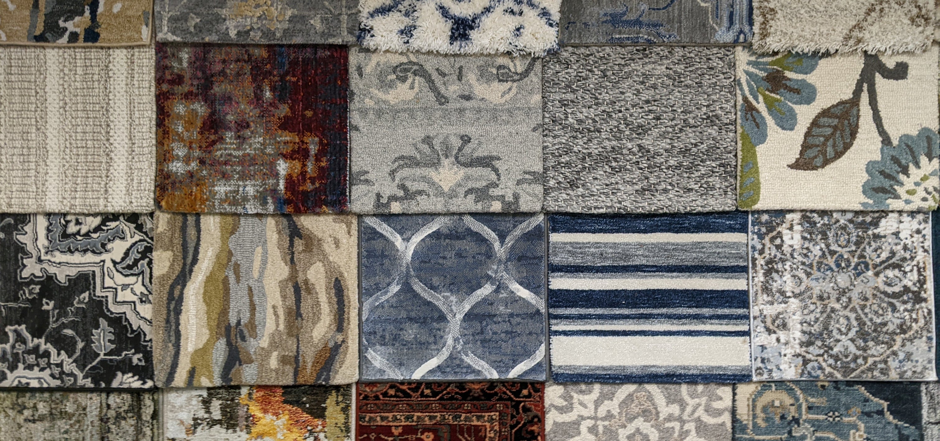 Collection of various patterned rugs arranged in a patchwork design.