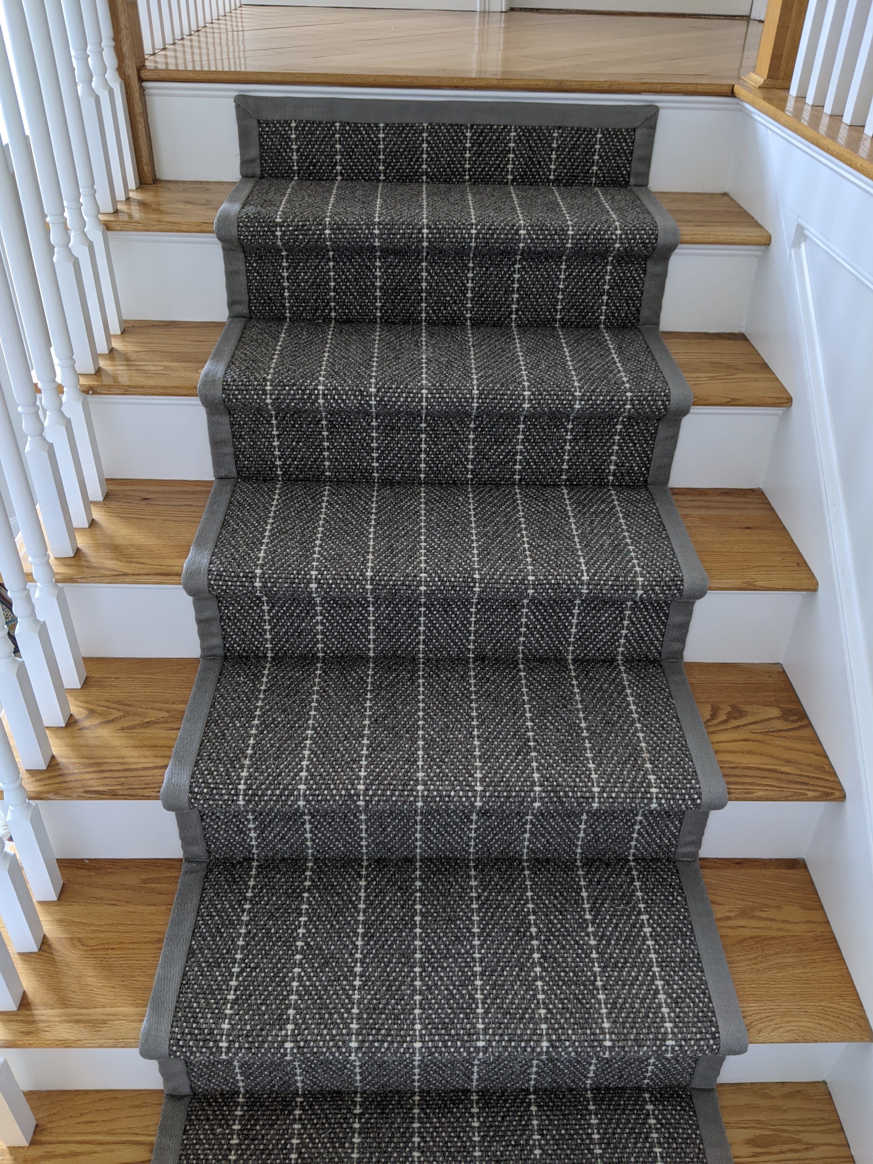 Couristan Stair Runners Addington 6251-Dk Grey Custom Install with Fabric Border