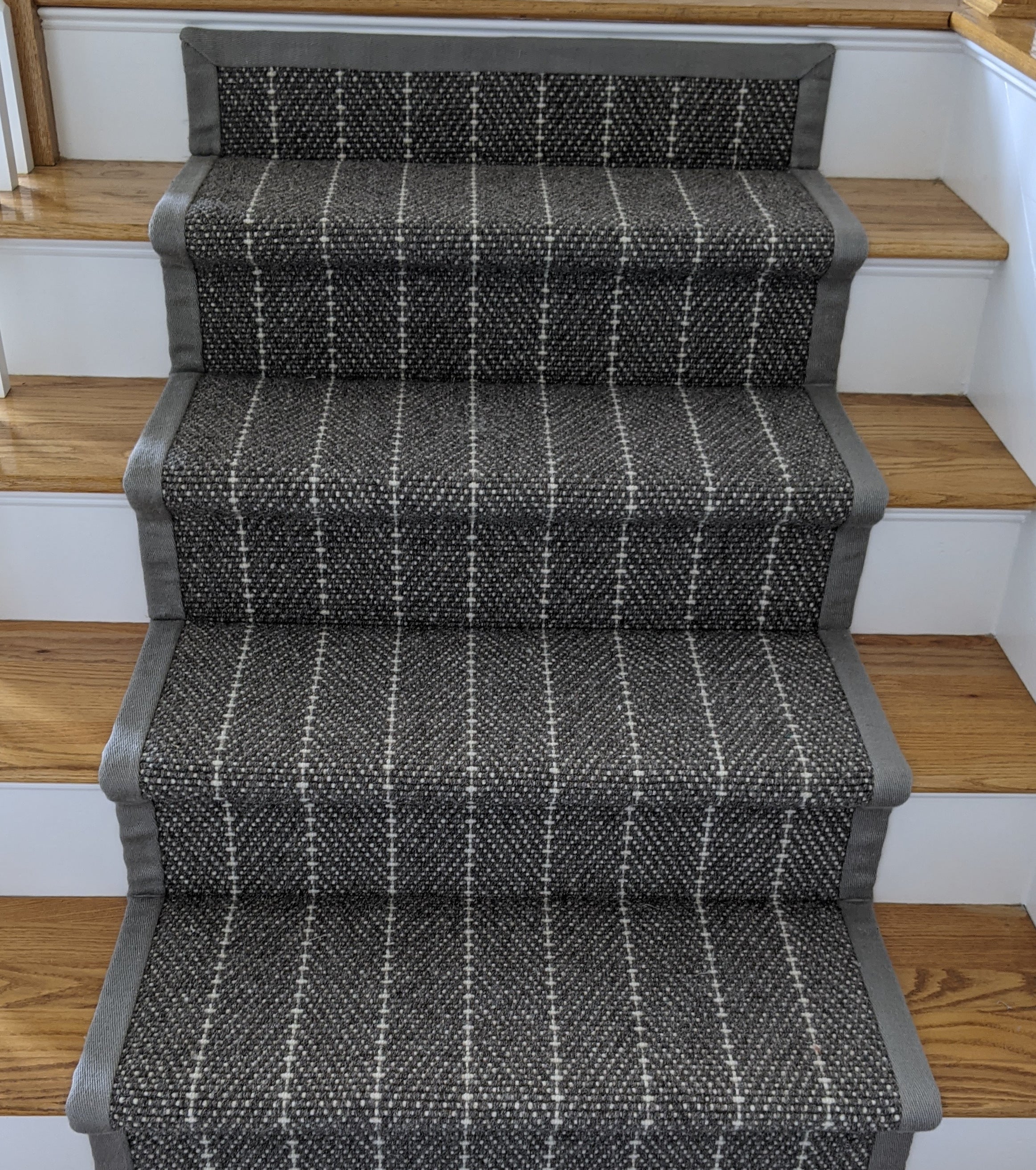 Couristan Stair Runners Addington 6251-Dk Grey Custom Install with Fabric Border