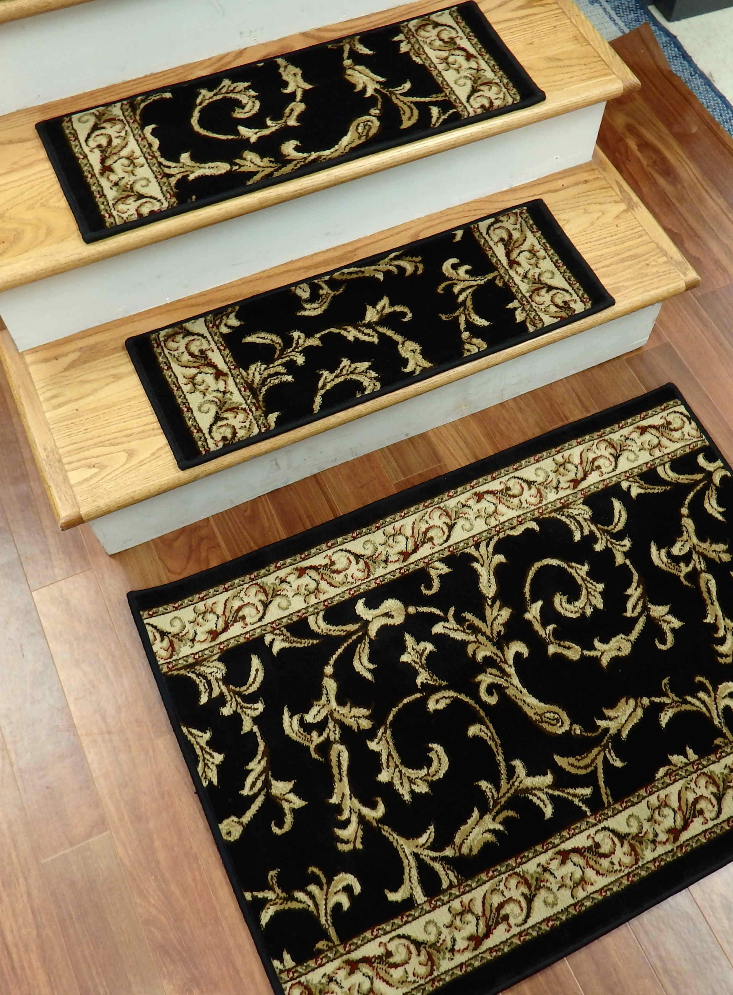 Concord Global Trading Stair Treads Stair Treads Black Jewel 4393 26in x 9in Set of 14 Pcs With Non Slip Pad