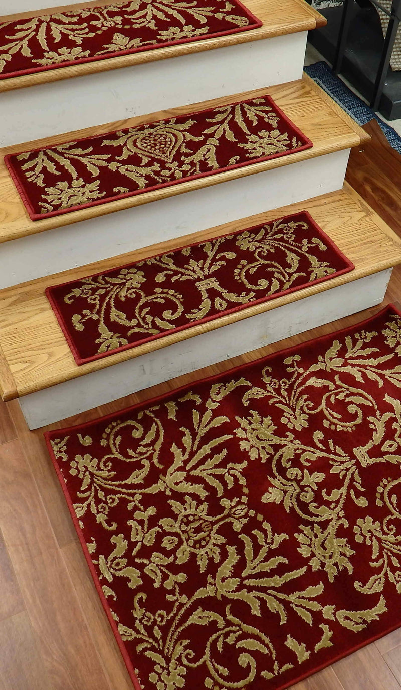 Concord Global Stair Treads Stair Treads Red Jewel  4940 26in x 9in Set of 14 Pcs With Non Slip Pad