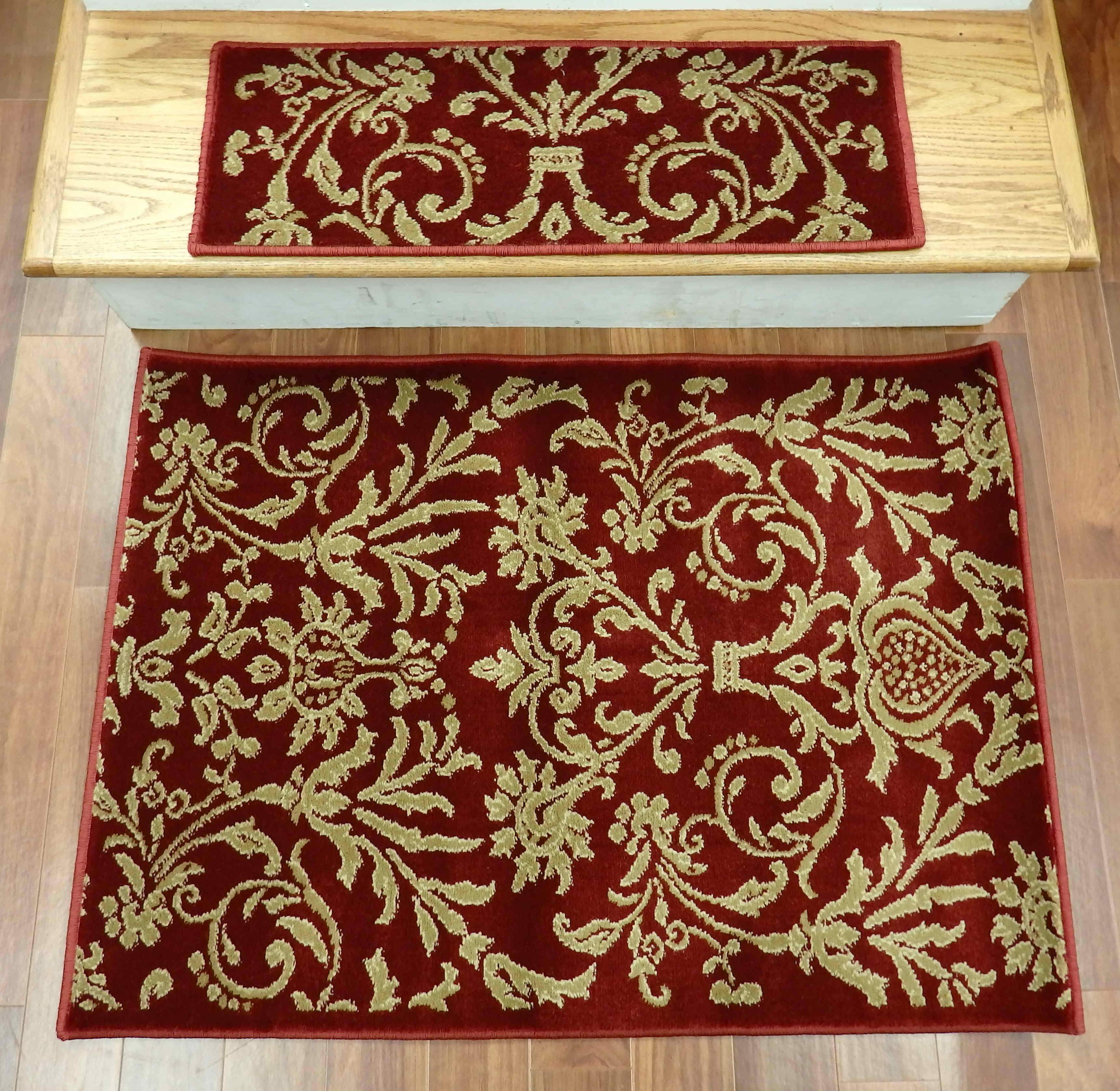 Concord Global Stair Treads Stair Treads Red Jewel  4940 26in x 9in Set of 14 Pcs With Non Slip Pad
