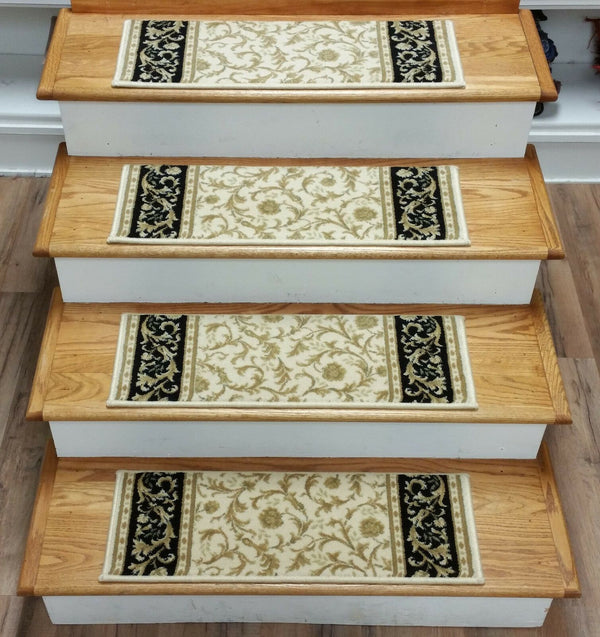 Couristan Stair Treads Stair Treads Ivory 26in x 9in Set of 13 100% Wool Non Slip Pads