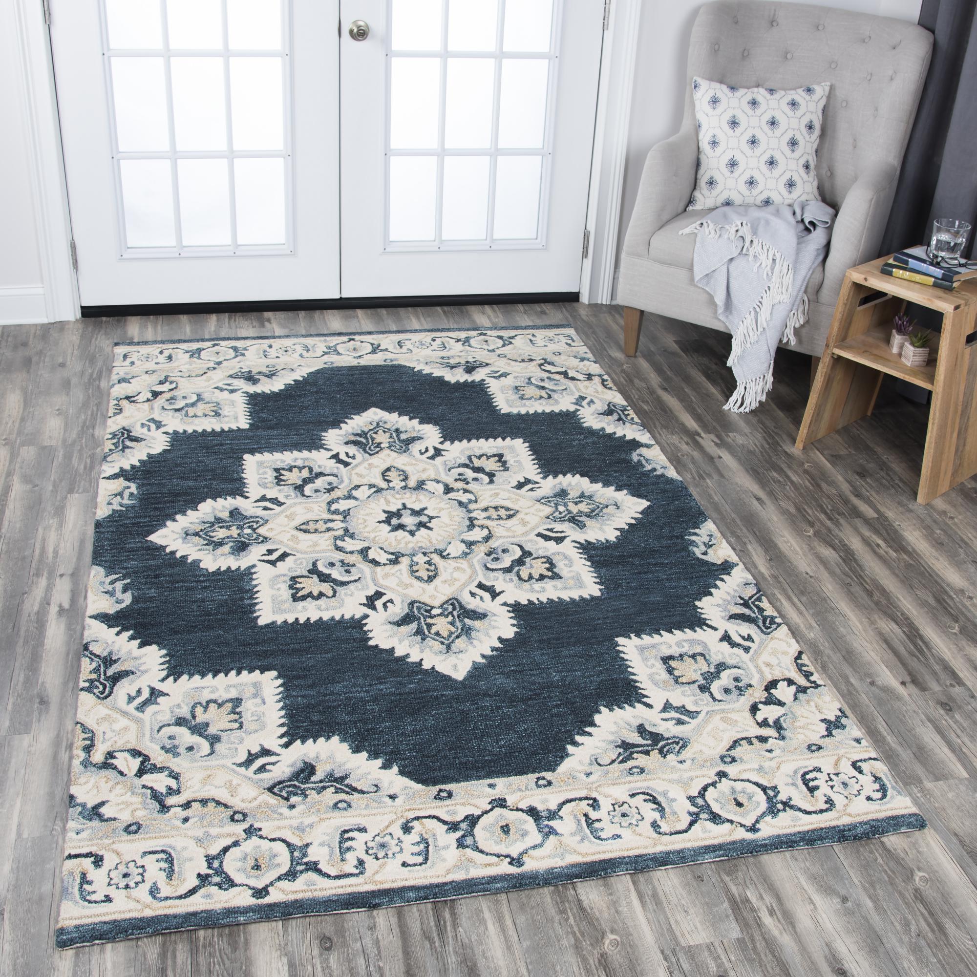 Resonant Area Rugs RS070B Dark Blue Wool Hand Tufted 5 Sizes